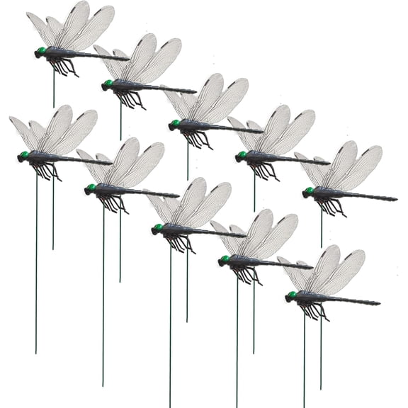 10 Pcs Dragonflies Large Black Dragonfly Garden Stakes Decor, Metal Sticks Insect Yard Art for Outdoor Indoor Planter Pots Pathways Lawn Decoration