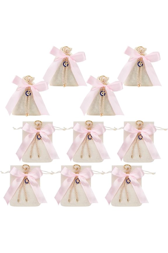 10 Pcs Drawstring Gift Bags Imitation Burlap Bags Polyester Jewelry Pouch with Pink Satin Ribbon and Enamel Pendant for Birthday Party Wedding Favors 5.513.94 Inch