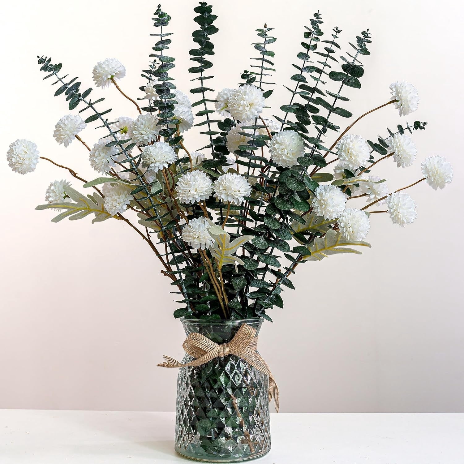 10 Pcs Dried Eucalyptus Stems with 6 Pcs Faux Chrysanthemums Realistic Fake Silk Pompon Mum Preserved Fresh Eucalyptus Stems Real Shower Plant for DIY Bouquet Wedding Arrangements Centerpiece