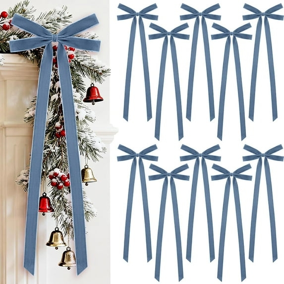 10 Pcs Dusty Blue Velvet Bows Large 22x8 Inch Pre-Tied Christmas Velvet Bows Christmas Tree Ornaments Vintage Holiday Decor for Xmas Tree Wreath Garland Banister Staircase Fireplace Door