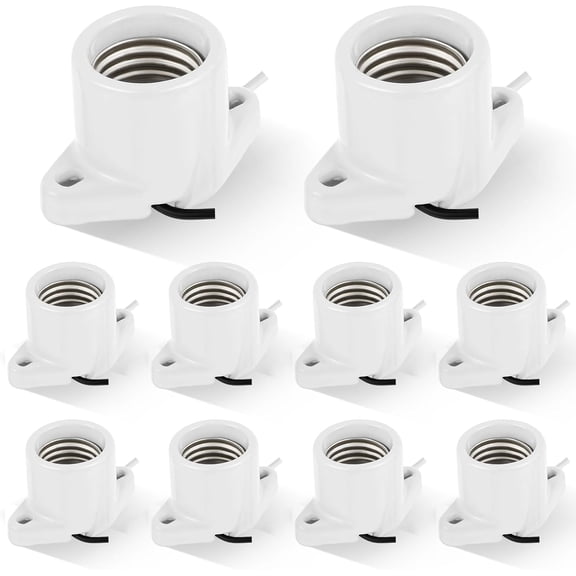 10 Pcs E26 Light Socket Medium Base Porcelain Lamp Holder Keyless Cleat Bulb Socket with Two Hole Flanged Mounting with 6" Leads for Home Room Garage Closet Indoor Outdoor Lighting