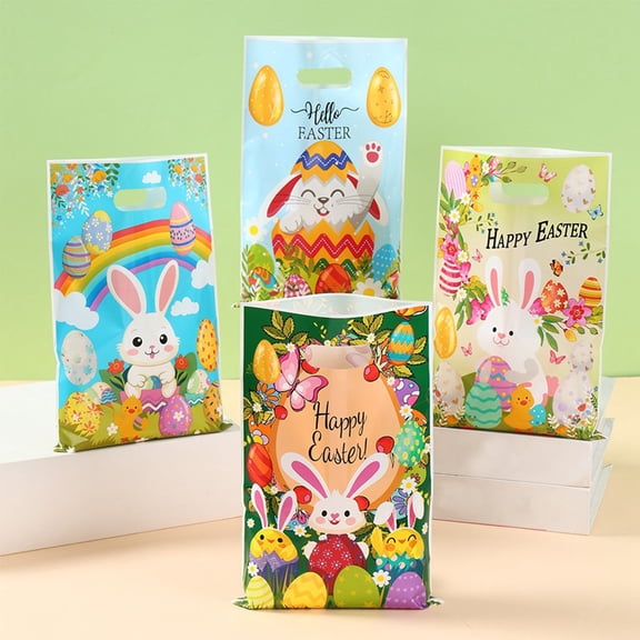 10 Pcs Easter Bunny Gift Bags with Handle, Easter Paper Gift Treat Bags Bulk, Goodie Bags for Holiday Decor Treat Packaging for Candy Snacks & Eggs