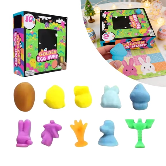 10 Pcs Easter Egg Hunt Toys with Golden Egg - Soft Squeezable Sensory Play, Non-Toxic BPA-Free, Easter Party Favor & Classroom Reward for Kids