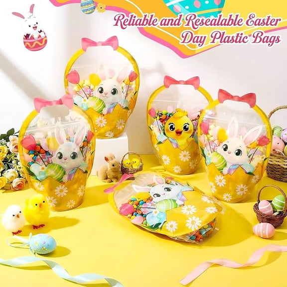 10 Pcs Easter Gift Bags Transparent Bunny Sealing Pouches with Handles Resealable Happy Easter Plastic Favor Bags for Spring Holiday Party Candy Gift Wrapping Supplies Decor(Yellow)