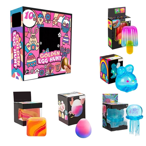 10 Pcs Easter Golden Egg Hunt Sensory Toy Bundle with 2 Random Mystery Squishy, Non-Toxic Flexible Toys, Perfect Easter Gift for All Ages & Home Decor