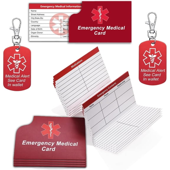 10 Pcs Emergency Medical Information Card with Tri-Folding with Protective Sleeves, Medical Alert Keychain Tags See Wallet Card, Contact ID, Medications and Allergy Fields Card for Wallet Pocket