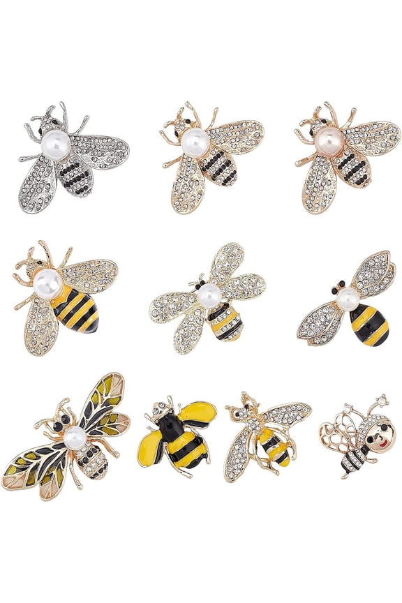 10 Pcs Enamel Brooch Alloy Bee Enamel Brooches Pin Set Cute Cartoon Lapel Badge Pin with Rhinestone and Plastic Beads