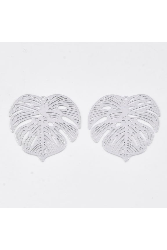 10 Pcs Etched Metal Embellishments Brass Pendants Tropical Leaf Charms Platinum Monstera Leaf Pendants Decoration for Women Jewelry DIY Necklace Bracelet Craft Making 26x26x0.3mm Hole: 1.2mm