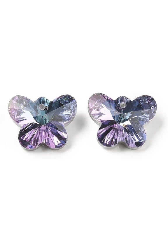 10 Pcs Faceted Glass Butterfly Pendants Point Back & Back Plated Charm Medium Orchid Butterfly Charms for Women Birthday Festival Elegant Gifts DIY Personalized Jewelry 14x17.5x9mm