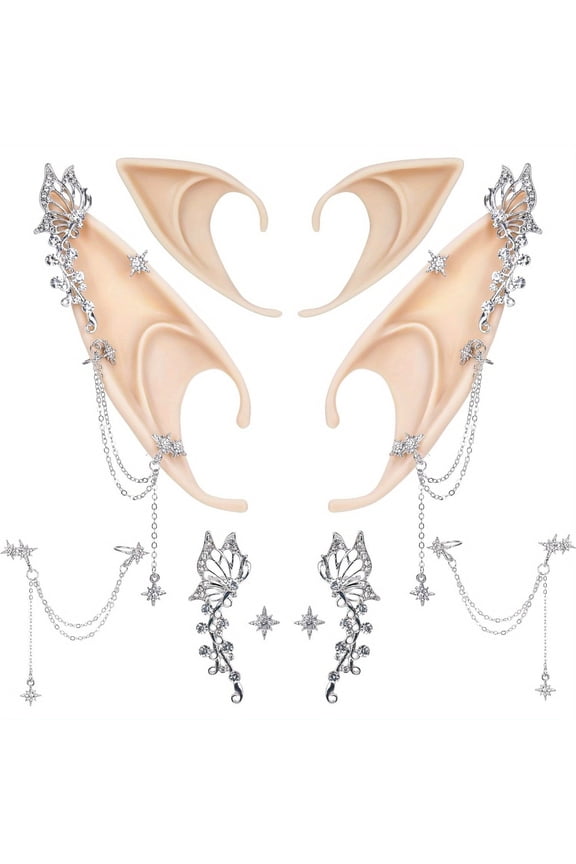10 Pcs Fairy Ears Accessories - Short & Long Elf Ears with Cutout Butterfly Ear Clips & Starburst Long Tassel Earrings, Handmade Rhinestone Elf Ears for Cosplay, Weddings, Events, Photography