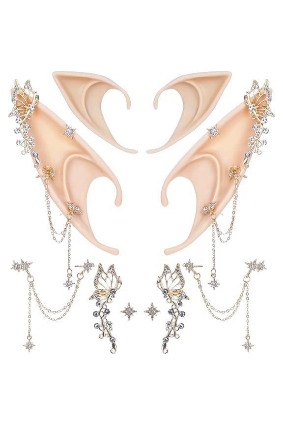 10 Pcs Fairy Ears Accessories - Short & Long Elf Ears with Cutout Butterfly Ear Clips & Starburst Long Tassel Earrings, Handmade Rhinestone Elf Ears for Cosplay, Weddings, Events, Photography