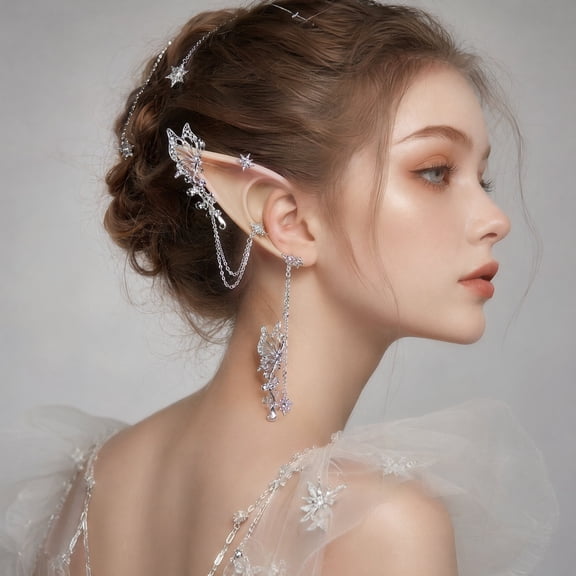 10 Pcs Fairy Ears Accessories - Short & Long Elf Ears with Cutout Butterfly Ear Clips & Starburst Long Tassel Earrings, Handmade Rhinestone Elf Ears for Cosplay, Weddings, Events, Photography