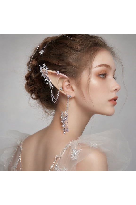 10 Pcs Fairy Ears Accessories - Short & Long Elf Ears with Cutout Butterfly Ear Clips & Starburst Long Tassel Earrings, Handmade Rhinestone Elf Ears for Cosplay, Weddings, Events, Photography