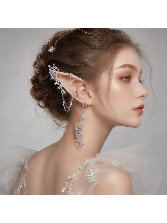 10 Pcs Fairy Ears Accessories - Short & Long Elf Ears with Cutout Butterfly Ear Clips & Starburst Long Tassel Earrings, Handmade Rhinestone Elf Ears for Cosplay, Weddings, Events, Photography