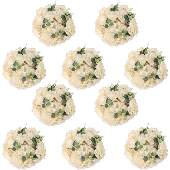 10 Pcs Fake Flower Ball Arrangement Bouquet,Artificial Flowers with 9 Heads Plastic Roses Balls and Base,Wedding Table Centerpieces Flower Dcor Bouquet (D12 x H8, Champagne)