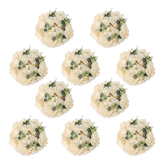 10 Pcs Fake Flower Ball Arrangement Bouquet,Artificial Flowers with 9 Heads Plastic Roses Balls and Base,Wedding Table Centerpieces Flower Dcor Bouquet (D12 x H8, Champagne)