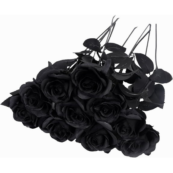 10 Pcs Fake Roses Artificial Flowers with Long Stems, 15'' Black Faux Silk Roses Bouquet for Floral Arrangement Wedding Centerpiece Party Home HalloweenDecorations