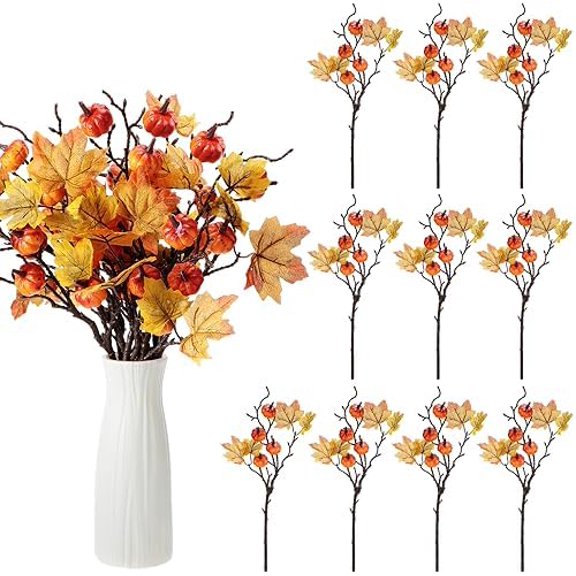 10 Pcs Fall Pumpkin Floral Picks 15.8" Maple Leaf Autumn Pumpkin Stems Branches Orange Artificial Flowers Arrangement Bouquet for Harvest Halloween Thanksgiving Christmas Home Table Decor