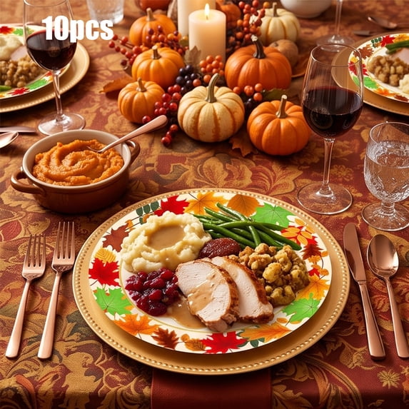 10 Pcs Fall Pumpkin Maple Tableware Party Supplies Set, Disposable Autumn Harvest Paper Plates, Thanksgiving Day Dinnerware for Friendsgiving Gatherings Decorations