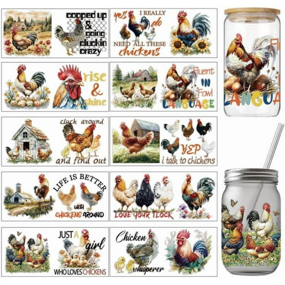 10 Pcs Farm Chicken Theme PVC Cup Printing Transfer Sticker Chicken Egg Pattern UV Waterproof Cup Sticker Kit