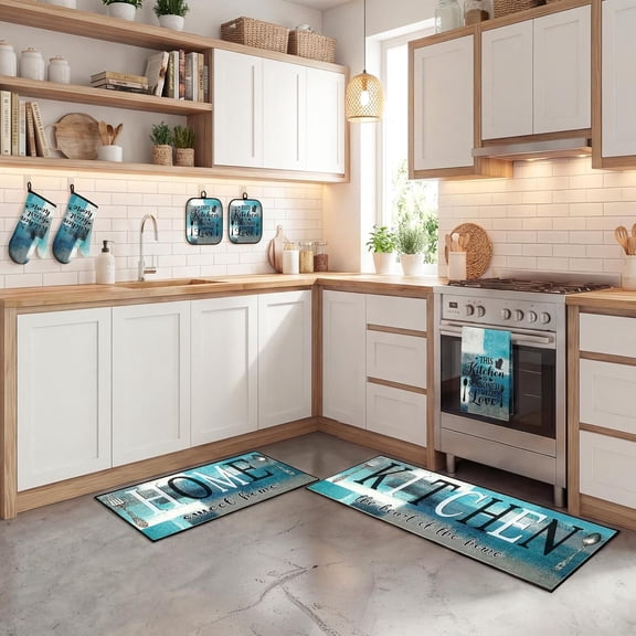 10 Pcs Farmhouse Teal Kitchen Decor and Accessories Set with Towels Rugs Mitts