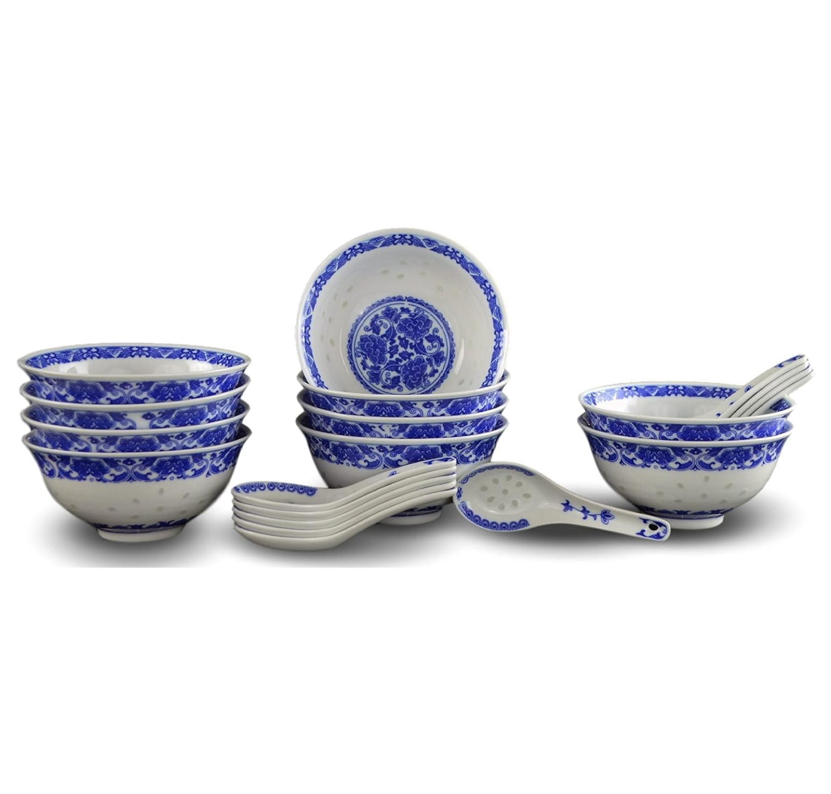 10 Pcs Fine Porcelain Blue and White Rice Pattern Bowls, Cereal Bowls ...