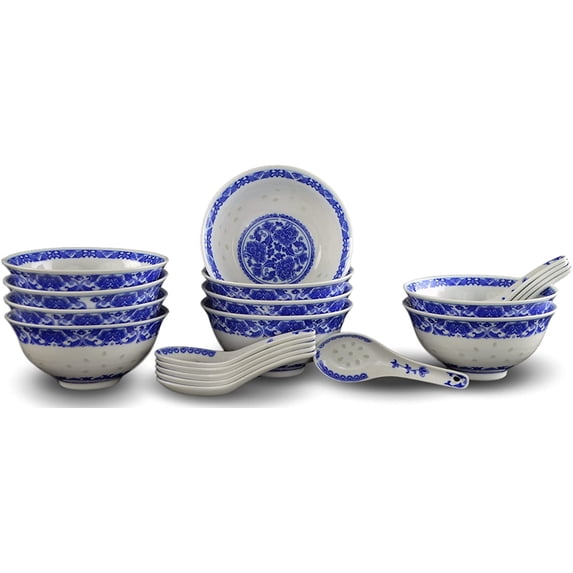 10 Pcs Fine Porcelain Blue and White Rice Pattern Bowls, Cereal Bowls ...