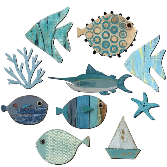 10 Pcs Fish Wall Decor Wood School Of Fish Wall Decor Beach Theme Bathroom Decor Wooden Nautical Pictures Home Hanging Wall Art Gifts