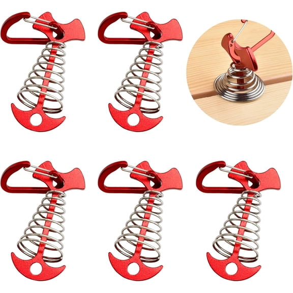 5 Pcs Fishbone Deck Anchor Pegs, Red Deck Furniture Anchors, Deck peg with Spring Buckle, 2.9 Inch x 1.4 Inch Adjustable Anchor Deck pegs, Tent Decks Anchors for Camping Hiking Supplies
