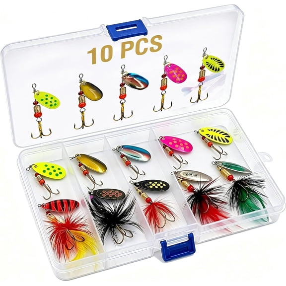 10 Pcs Fishing Spinner Lures Kit, Inline Spinner Baits with Treble Hooks & Feather Tails, Metal Fishing Lures for Trout Bass Salmon Panfish, Multi-Color Freshwater Tackle Set