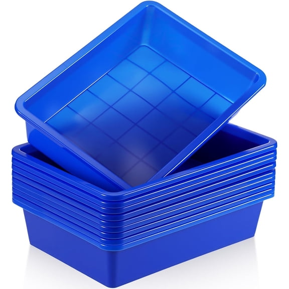 10 Pcs Flat Storage Organizer Tray Bin Letter Size Paper Tray for Classroom Plastic Stackable File Organizer for School Office Teacher Book Organization（ Blue, 13.78 x 9.84 x 3.15 Inch）