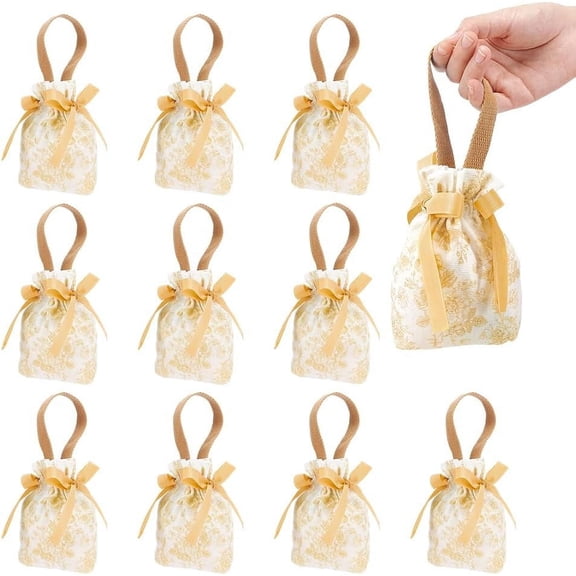 10 Pcs Floral Small Gift Bags with Handles Flower Drawstring Bags Tea Party Favor Bags Canvas Small Bag for Wedding Birthday Bridal Shower Tea Party Orange 6.9x5.3Inch 10pcs