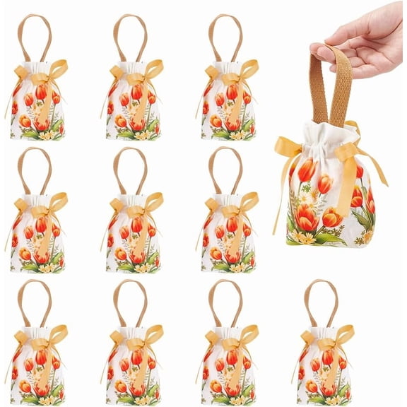 10 Pcs Floral Small Gift Bags with Handles Flower Drawstring Bags Tea Party Favor Bags Canvas Small Bag for Wedding Birthday Bridal Shower Tea Party Sandy Brown 6.9x5.3Inch diy