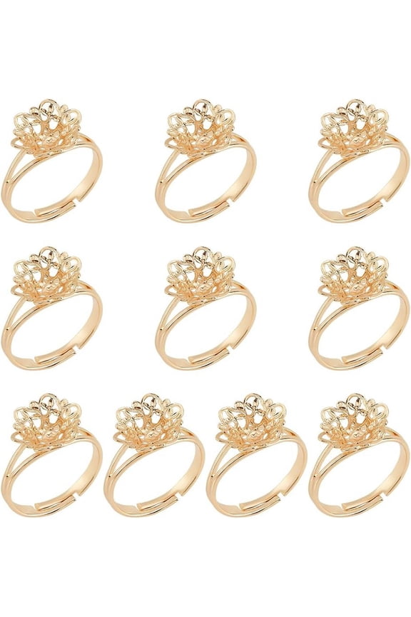 10 Pcs Flower Claw Ring Blanks 17.3mm Adjustable Brass Filigree Ring Settings Finger Rings Components Real 14K Gold Plated Claw Ring Base for DIY Ring Jewelry Making for DIY
