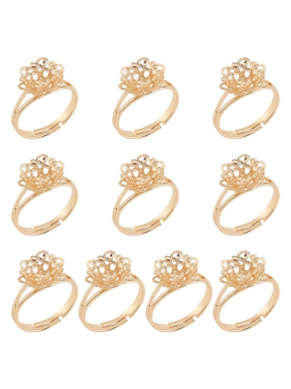 10 Pcs Flower Claw Ring Blanks 17.3mm Adjustable Brass Filigree Ring Settings Finger Rings Components Real 14K Gold Plated Claw Ring BaseDIY