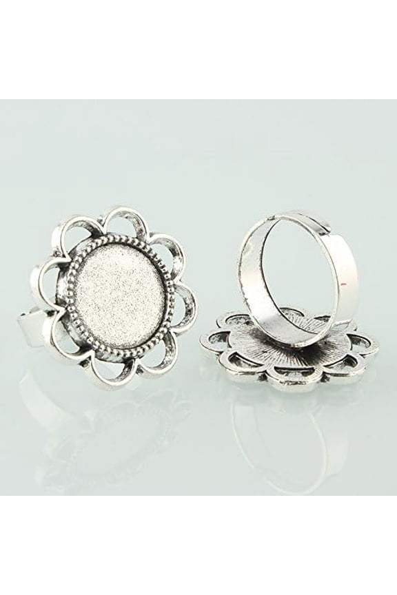 10 Pcs Flower Pad Ring Settings Vintage Adjustable Iron Finger Ring Components Alloy Cabochon Bezel Settings Fingerring Base Bezels for Jewelry Making Tray: 14mm 17mm Inner Diameter Antique Silver