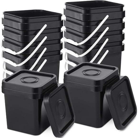 10 Pcs Food Grade Square Bucket with Lid 1 Gallon Plastic Bucket 4.5L Utility Industrial Pail with Handle Container for Food Oil Tub Water Fishing Paint House Cleaning Car Washing (Black)