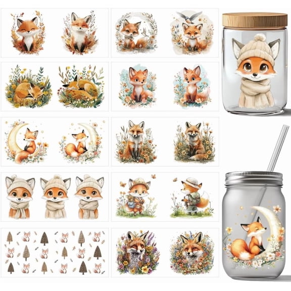 10 Pcs Fox UV DTF Cup Wrap Transfer Sticker 10 Styles Cute Cartoon Animal Transfer Paper Rub on Stickers PVC Cup Wrap Waterproof Rub Decals for Desk Cup Glass 24x11cm/9.4x4.3inch