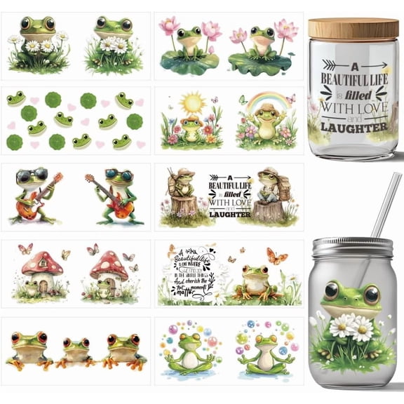 10 Pcs Frog UV DTF Cup Wrap Transfer Sticker 10 Styles Animal Frog Cute Transfer Paper Rub on Stickers PVC Cup Wrap Sticker Waterproof Rub Decals for Craft Glass 24x11cm/9.4x11inch for DIY