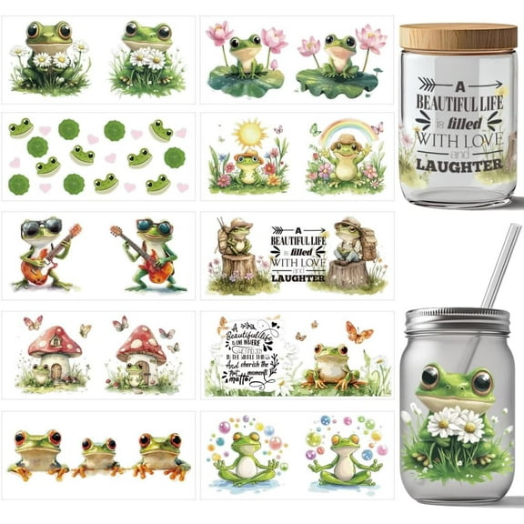10 Pcs Frog UV DTF Cup Wrap Transfer Sticker 10 Styles Animal Frog Cute Transfer Paper Rub on Stickers PVC Cup Wrap Sticker Waterproof Rub Decals for Craft Glass 24x11cm/9.4x11inch