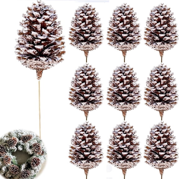 10 Pcs Frosted Snow Pine Cones Picks Tutuviw 12in Christmas Pine Cones Decorations Picks for Christmas Tree, Garland Wreath Ornaments Home Decorating Pinecones Winter Holidays