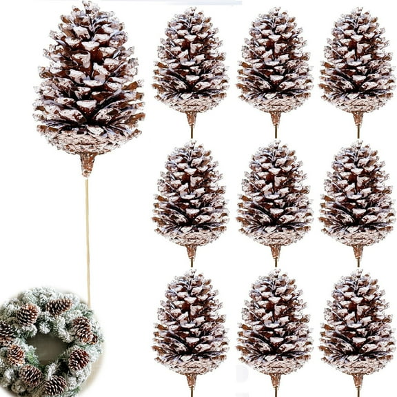 10 Pcs Frosted Snow Pine Cones Picks Tutuviw 12in Christmas Pine Cones Decorations Picks for Christmas Tree, Garland Wreath Ornaments Home Decorating Pinecones Winter Holidays