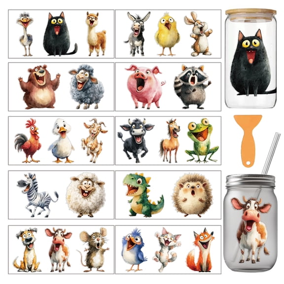 10 Pcs Funny Animals Theme Cup Printing UV Transfer Papers 10 Styles Cat Rabbit Bear Sheep Pig Dog Cow Mouse Bird PVC DIY Heat Transfer Stickers