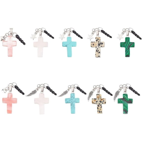 10 Pcs Gemstone Pendant Cell Phone Dust Plug Alloy Charm Mobile Dustproof Plugs Gemstone with Alloy Wing/Star/Heart Charms for 3.5mm Cellphone Android Phone - 2.4 inch for DIY