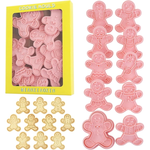 10 Pcs Gingerbread Man Cookie Cutters Christmas Embossing Cookie Cutter Set for Biscuit Fondant Cheese Baking (Xmas Gingerbread Man-10)