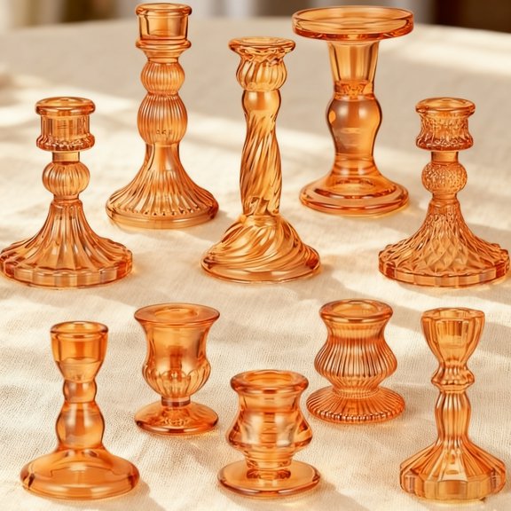 10 Pcs Glass Crystal Taper Candle Holders Clear Glass Candlestick Holder Fit 0.8 Inch Candles Crystal Decorative Candle Stand Centerpiece Table Wedding Dining Party (Classic,Orange)