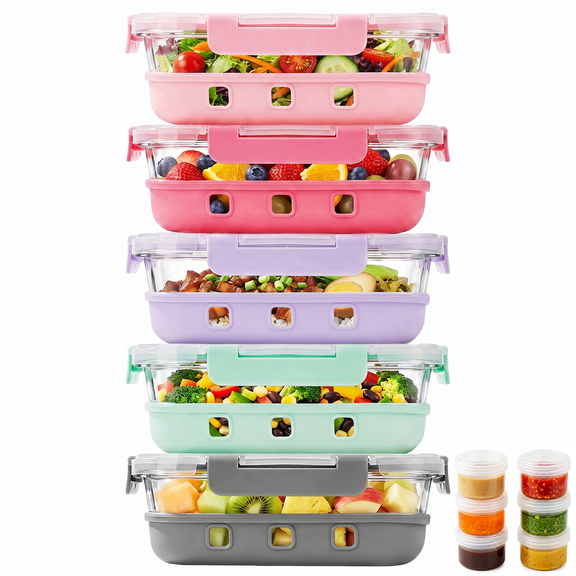 10 Pcs Glass Food Storage Containers with Silicone Boot 35oz, Glass Containers with Airtight BPA-Free Plastic Lids, Meal Prep Set, Dishwasher, Microwave & Freezer Safe, Leak Proof