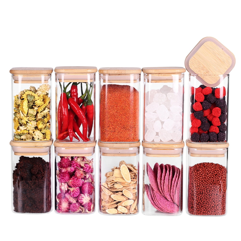 Spice Jars, 8 oz Clear Glass - 9 piece set w/Bamboo secure lids & 9  labels