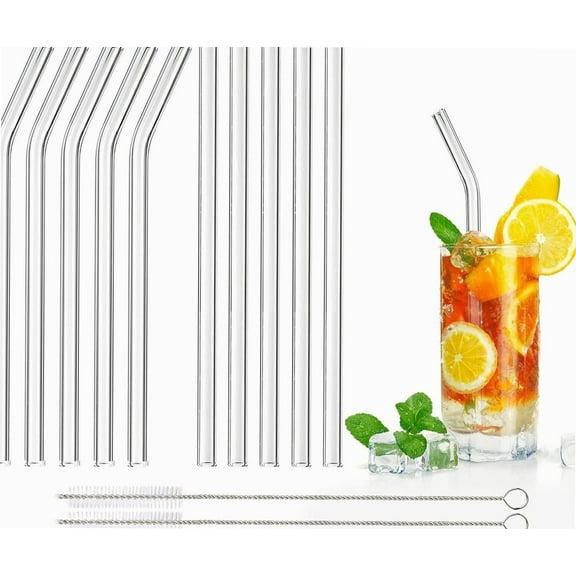 10 Pcs Glass Straws Reusable Glass Straw Drinking Straws with 20cm Length Eco Friendly Transparent Clear Straws with 2 Cleaning Brushes for Milk Coffee Coctail(Curved & Straight)