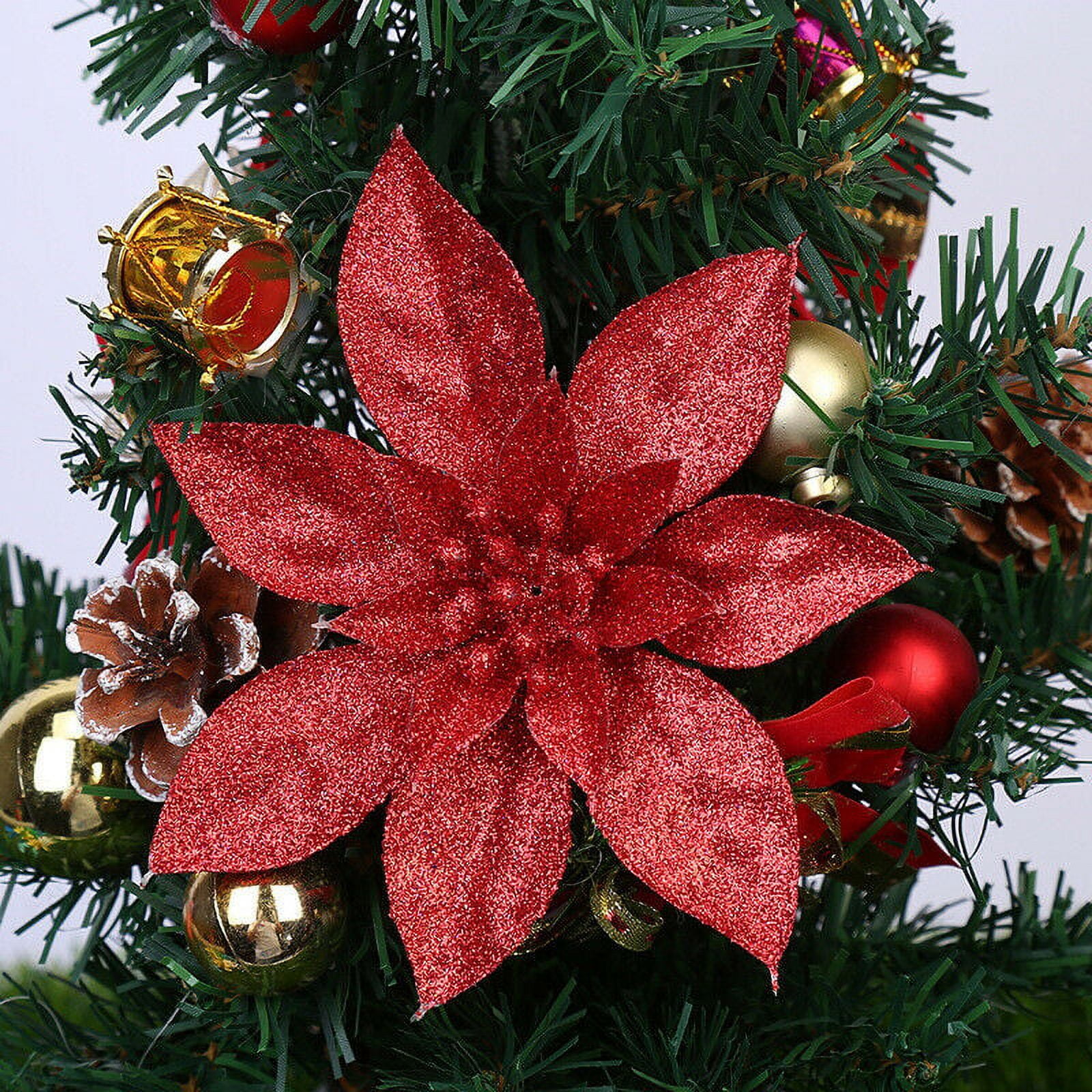 HAOSHICS 25 Pcs Poinsettias Artificial Christmas Flowers  Decorations,Glitter Poinsettia Flowers for Wedding Home Christmas Tree  Ornaments with